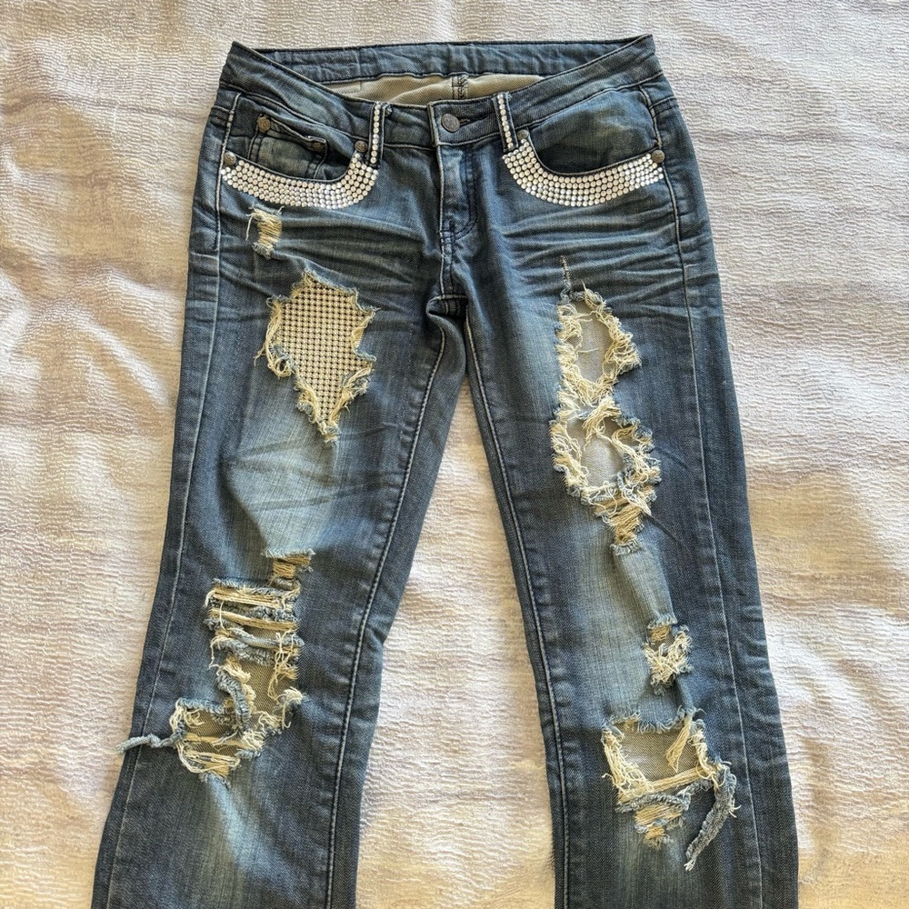 A7 Distressed Blue Jeans with Swarovski Crystals, Size 26 - Picture 12 of 12